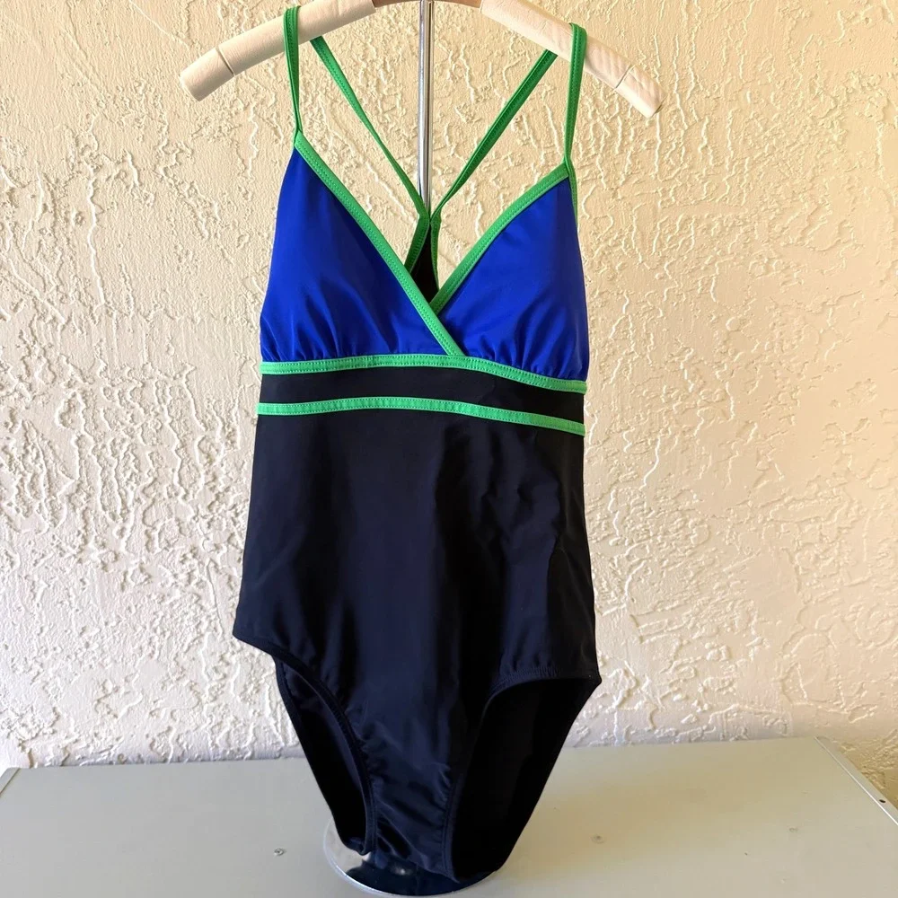 Catalina One Piece‎ Swimsuit L Black Blue Green Colorblock Strappy